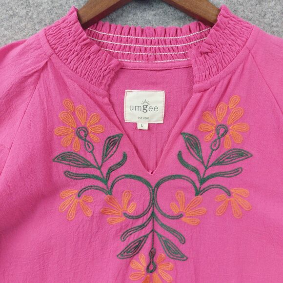 Umgee Womens Boho Peasant Top Sz Large Pink Embroidered Floral Blouse Cotton - Picture 3 of 12